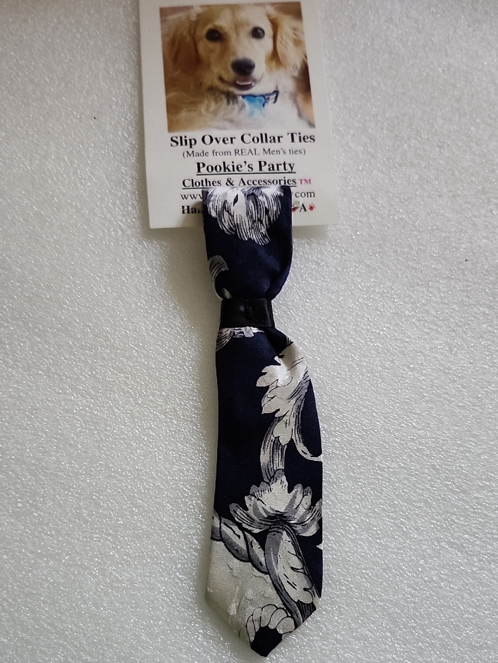 Hand Crafted Navy and Silver Floral Slip-Over Collar Dog Tie